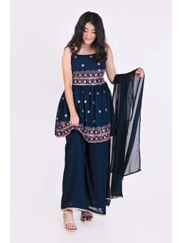 Titrit - Embroidered Sleeves Peplum Kurta with Palazzo & Dupatta - Teal (Set of 3)