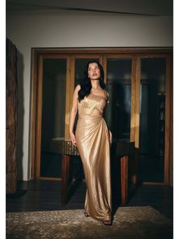 IT GIRL - Women Gold Asymmetrical Neck Maxi Dress