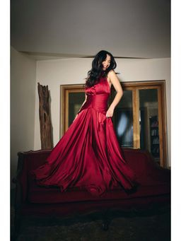 IT GIRL - Women Red Halter Neck Flared Gown