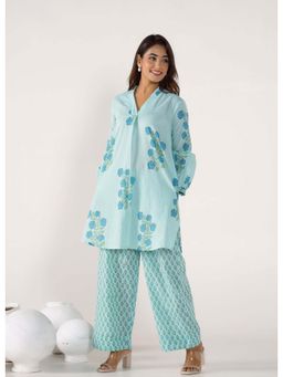 Tara-C-Tara - Hand Block Printed Floral Blue Co-Ord Set