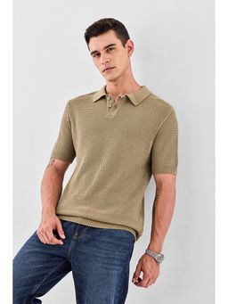 Snitch - Beige Self Design Relaxed Fit Polo T-Shirt