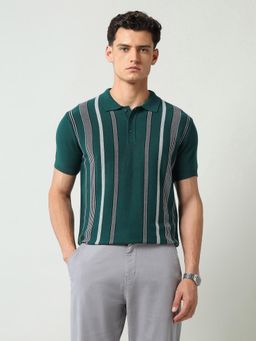 AD By Arvind - Teal Stripes Slim Fit Polo T-Shirt