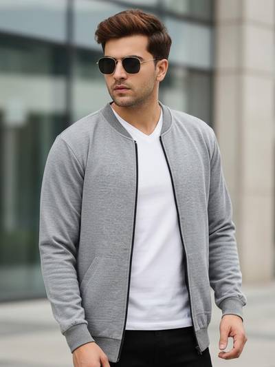 Grey Solid Regular Fit Jacket
