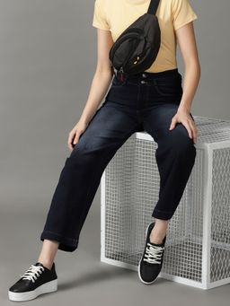 SHOWOFFFF - Women's Stretchable Low Distress Navy Blue Straight Fit Jeans
