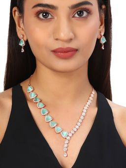 Voylla - American Diamond CZ Rose Pearl Necklace Triangular Cut Green Stone (Set of 3)