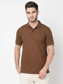 R&B - Men Brown Cotton Blend Regular Fit Polo Neck Solid Polo T-Shirt