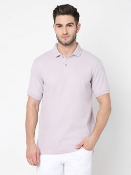 R&B - Men Lavender Cotton Blend Regular Fit Polo Neck Solid Polo T-Shirt