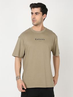 R&B - Men Olive Cotton Regular Fit Round Neck Typographic Print T-Shirt