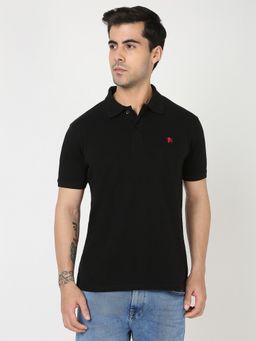 R&B - Men Black Cotton Blend Regular Fit Polo Neck Heathered Polo T-Shirt