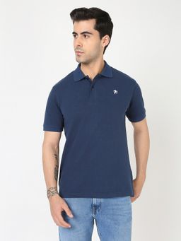 R&B - Men Navy Blue Cotton Blend Regular Fit Polo Neck Heathered Polo T-Shirt