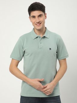 R&B - Men Green Cotton Blend Regular Fit Polo Neck Heathered Polo T-Shirt