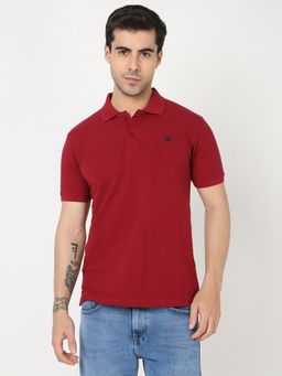 R&B - Men Red Cotton Blend Regular Fit Polo Neck Heathered Polo T-Shirt