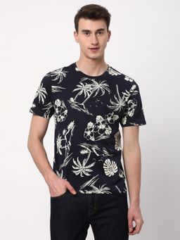 R&B - Men Navy Blue Cotton Regular Fit Round Neck Abstract T-Shirt