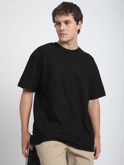 R&B - Men Black Polycotton Oversized Fit Round Neck Solid T-Shirt
