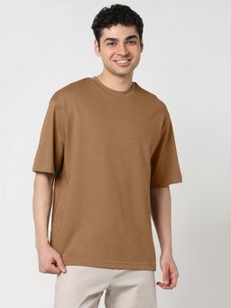 R&B - Men Khaki Polycotton Oversized Fit Round Neck Solid T-Shirt