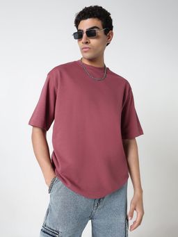 R&B - Men Mauve Polycotton Oversized Fit Round Neck Solid T-Shirt