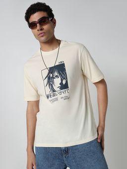 R&B - Men Cream Cotton Relaxed Fit Round Neck Graphic T-Shirt