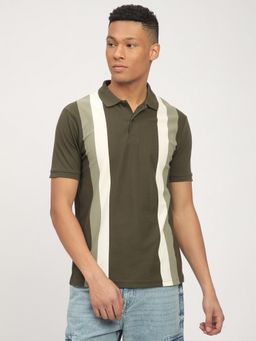 R&B - Men Olive Polycotton Slim Fit Polo Neck Color Block Polo T-Shirt