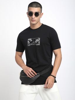 R&B - Men Black Cotton Regular Fit Round Neck Graphic T-Shirt