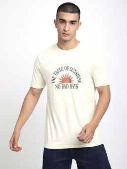R&B - Men Cream Cotton Regular Fit Round Neck Graphic T-Shirt