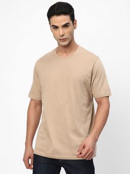 R&B - Men Regular Fit Round Neck Solid Beige T-Shirt