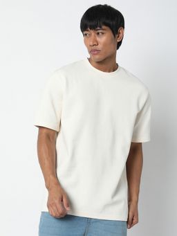 R&B - Men Cream Cotton Blend Regular Fit Round Neck Waffle Knit T-Shirt
