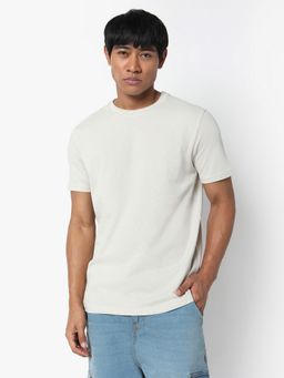 R&B - Men Beige Cotton Regular Fit Round Neck Textured T-Shirt