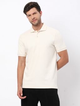 R&B - Men Cream Cotton Blend Slim Fit Polo Neck Textured Polo T-Shirt