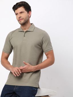 R&B - Men Olive Cotton Blend Slim Fit Polo Neck Textured Polo T-Shirt