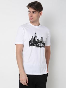 R&B - Men White Cotton Regular Fit Round Neck Graphic T-Shirt