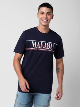 R&B - Men Navy Blue Cotton Regular Fit Round Neck Typographic T-Shirt