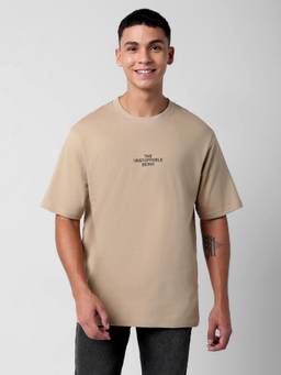 R&B - Men Beige Cotton Relaxed Fit Round Neck Typographic T-Shirt