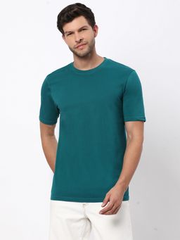 R&B - Men Green Cotton Regular Fit Round Neck Solid T-Shirt