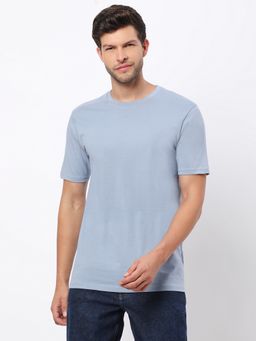 R&B - Men Blue Cotton Regular Fit Round Neck Solid T-Shirt