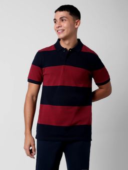 R&B - Men Maroon Cotton Blend Slim Fit Polo Neck Striped Polo T-Shirt