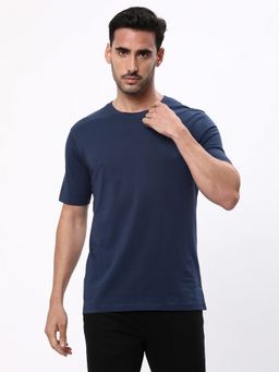 R&B - Men Navy Blue Cotton Regular Fit Round Neck Heathered T-Shirt