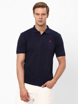 R&B - Men Navy Blue Cotton Blend Regular Fit Polo Solid Polo T-Shirt
