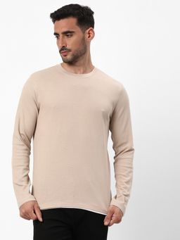R&B - Men Beige Cotton Regular Fit Round Neck Solid T-Shirt