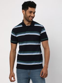 R&B - Men Navy Blue Poly-Blend Slim Fit Polo Neck Striped Polo T-Shirt