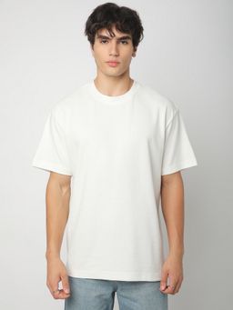 R&B - Men Ivory Cotton Blend Relaxed Fit Round Neck Solid T-Shirt