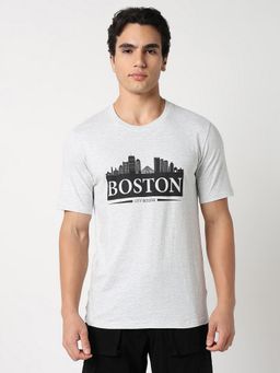 R&B - Men Grey Cotton Regular Fit Round Neck Graphic T-Shirt