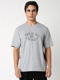 R&B - Men Grey Cotton Relaxed Fit Round Neck Typographic T-Shirt