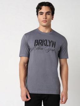R&B - Men Grey Cotton Regular Fit Round Neck Typographic T-Shirt