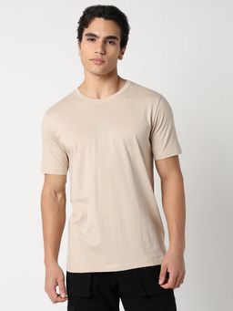 R&B - Men Beige Cotton Regular Fit Round Neck Solid T-Shirt