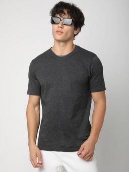 R&B - Men Grey Cotton Round Neck Solid T-Shirt