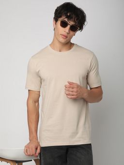 R&B - Men Beige Cotton Regular Fit Round Neck Solid T-Shirt