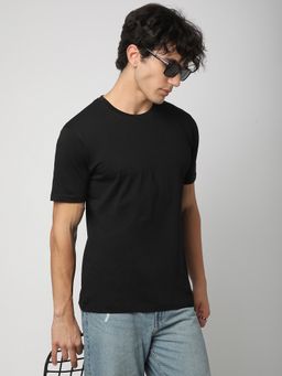 R&B - Men Black Cotton Regular Fit Round Neck Solid T-Shirt