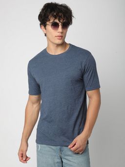 R&B - Men Blue Cotton Round Neck Solid T-Shirt