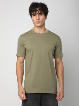 R&B - Men Green Cotton Regular Fit Round Neck Solid T-Shirt