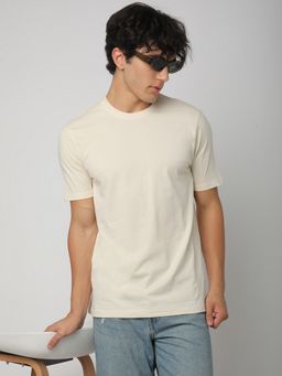 R&B - Men Cream Cotton Regular Fit Round Neck Solid T-Shirt